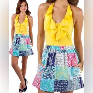 Lilly Pulitzer Quinn Multi Sailor Patch Canary Yellow Ruffle Halter Dress size L